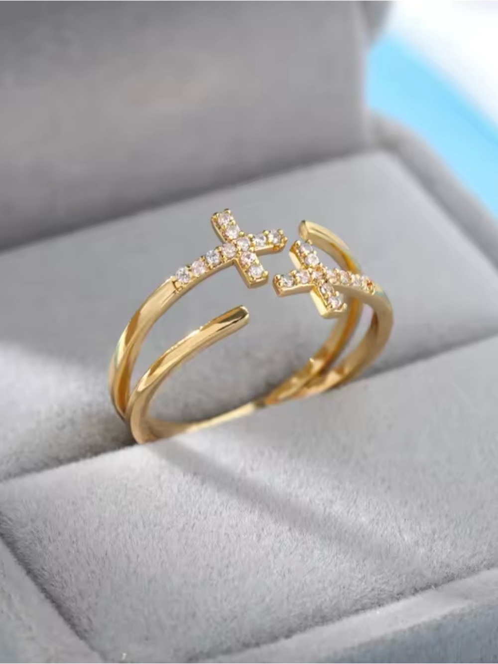 Gold Double-Band Cross Ring with Cubic Zirconia